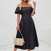 Women's Loose Long Off Shoulder Bubble Short Sleeved Pleated High Waisted Solid Color Dress