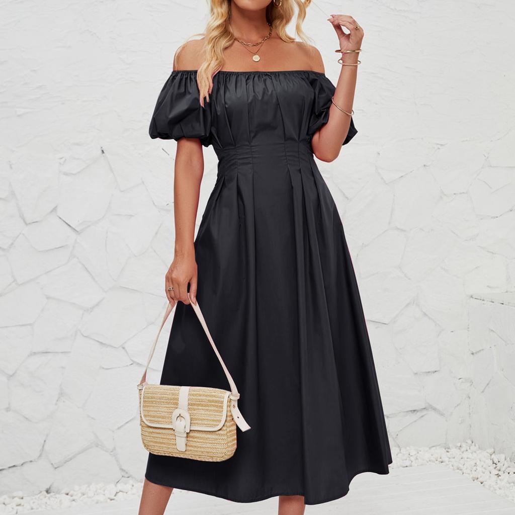 Women's Loose Long Off Shoulder Bubble Short Sleeved Pleated High Waisted Solid Color Dress