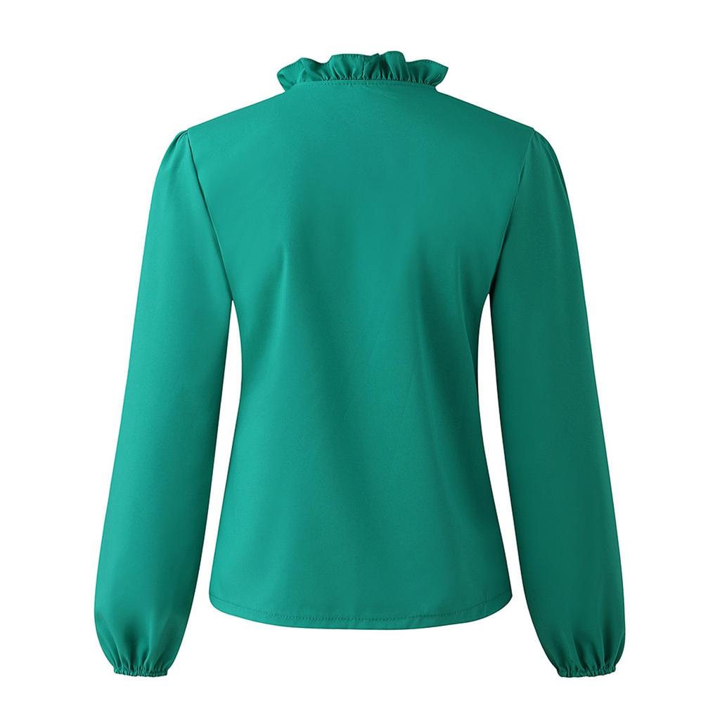 Fashion Woman Temperament Long Sleeve Ruffle Blouse Solid Colour Comfort Shirt