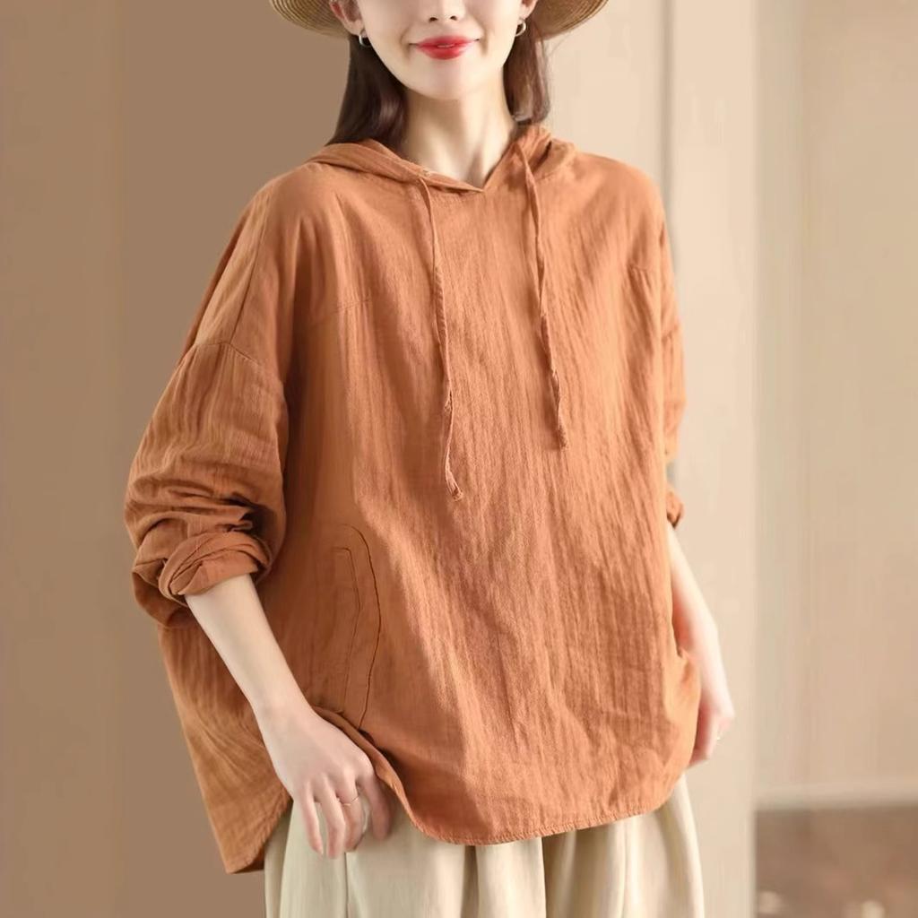 Женская весенняя повседневная рубашка с капюшоном с длинным рукавом, однотонный пуловер, удобный топ