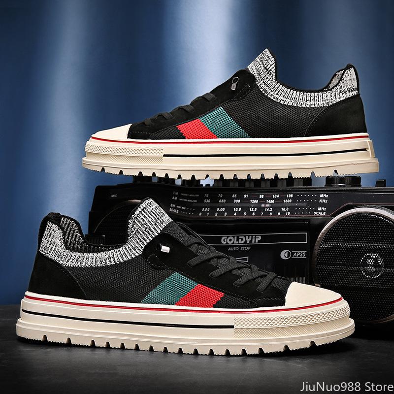 2024 Новые мужские повседневные туфли весна-лето полосатые уличные крутые мужские туфли для скейтбординга на плоской подошве дышащие трикотажные мокасины без застежек