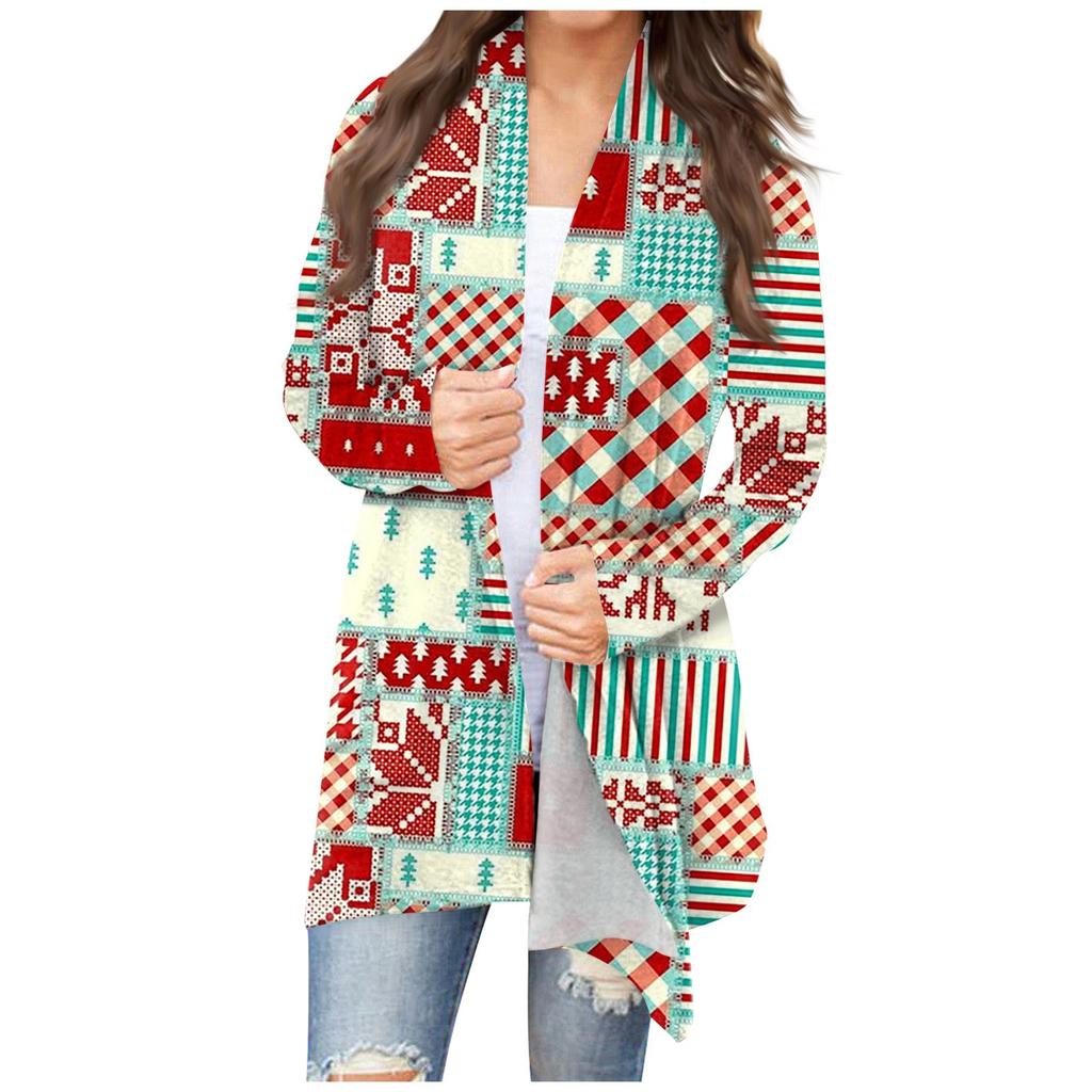 Women's Fashion Casual Christmas Print Medium Length Cardigan Jacket Coat