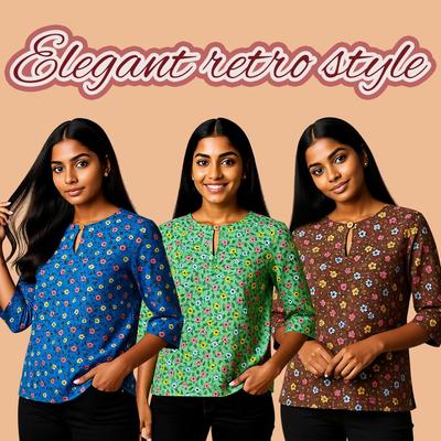 Винтажная повседневная блузка, для женщин, стрейч-конопля, цветочный принт, круглый вырез, рукава три четверти, элегантный свободный топ, ретро-стиль