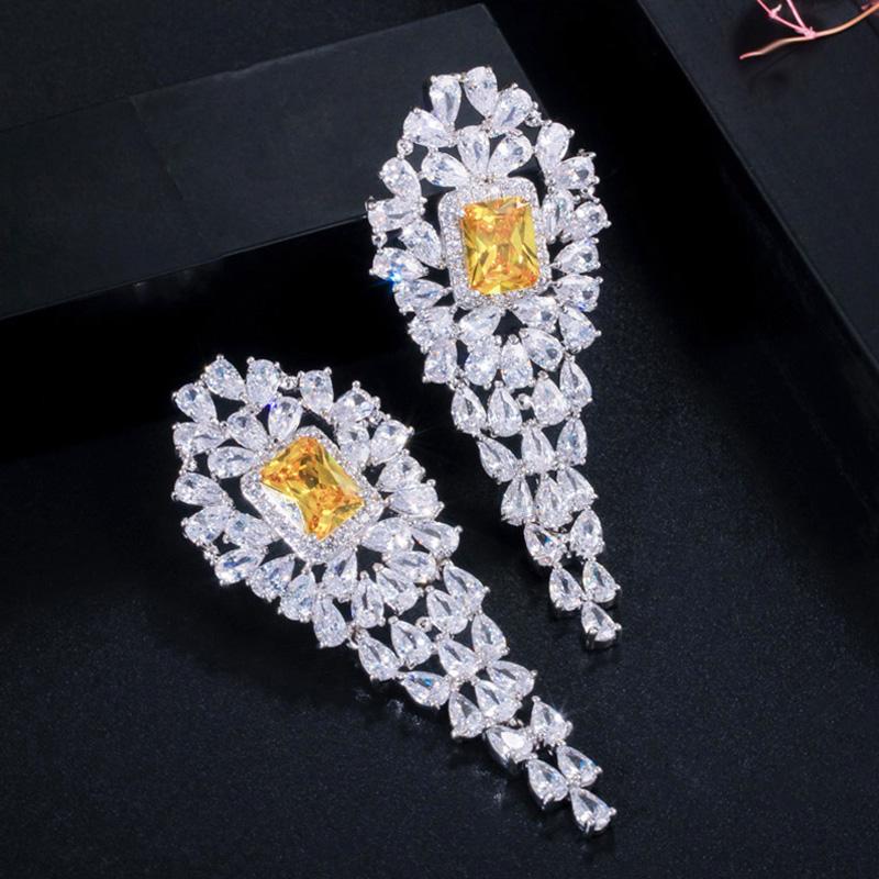 CMM Брендовые женские вечерние украшения из белого золота, роскошные квадратные желтые длинные серьги-капли с цирконом