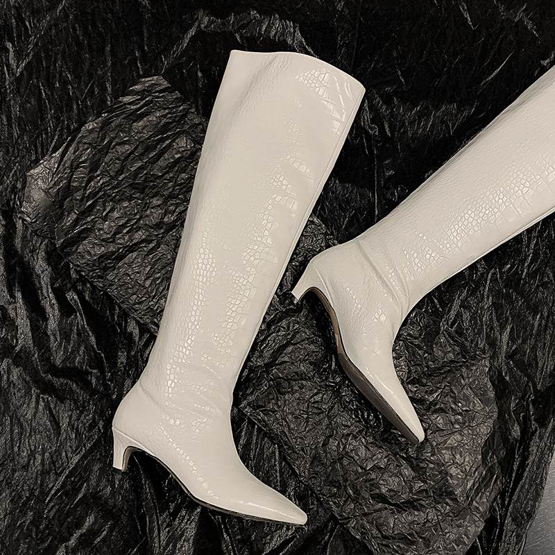 Krazing Pot Осенне-зимняя обувь из искусственной кожи, туфли без шнуровки на среднем каблуке с квадратным носком, женские сапоги до бедра со плиссированной отделкой и украшением