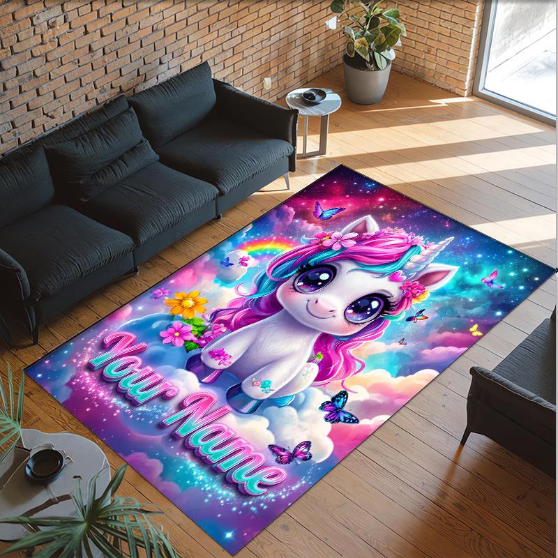Unicorn Theme Crystal Velvet Floor Rug Personalized Custom Name Text Warm Carpet Home Decoration