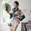 Elegant Deep V Bell Sleeve Kimono Lingerie Set with Vintage Japanese Print