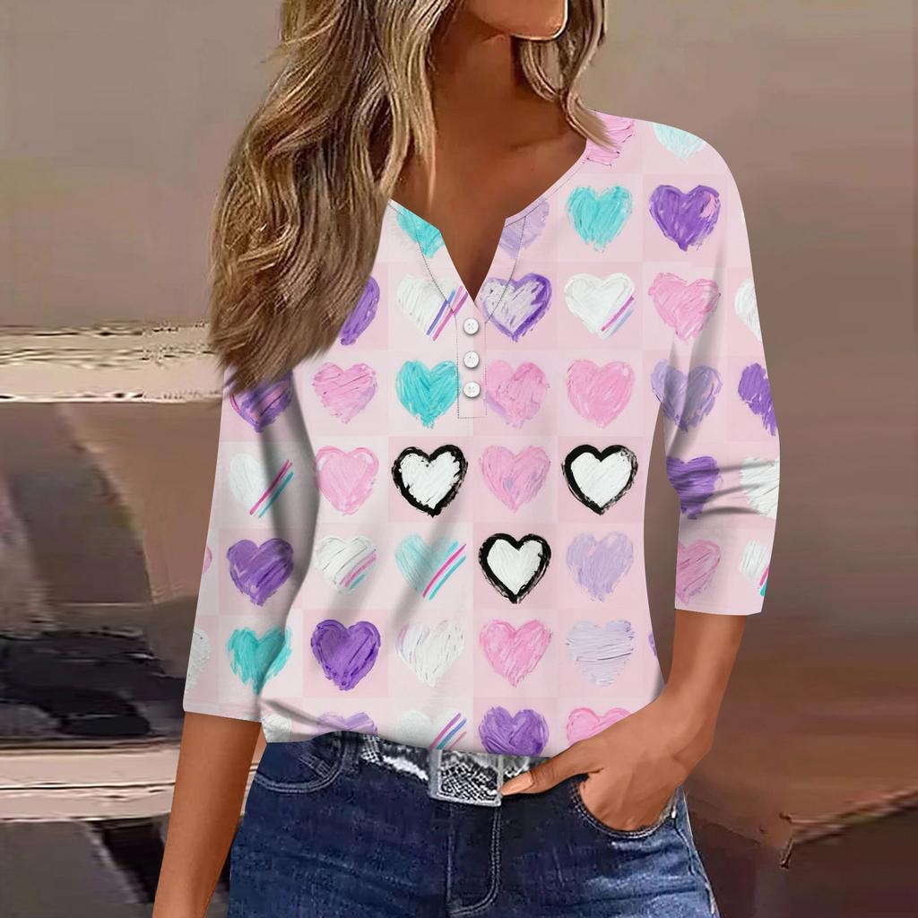 Женская модная рубашка на пуговицах с V-образным вырезом, рукавом три четверти, с принтом ко Дню святого Валентина