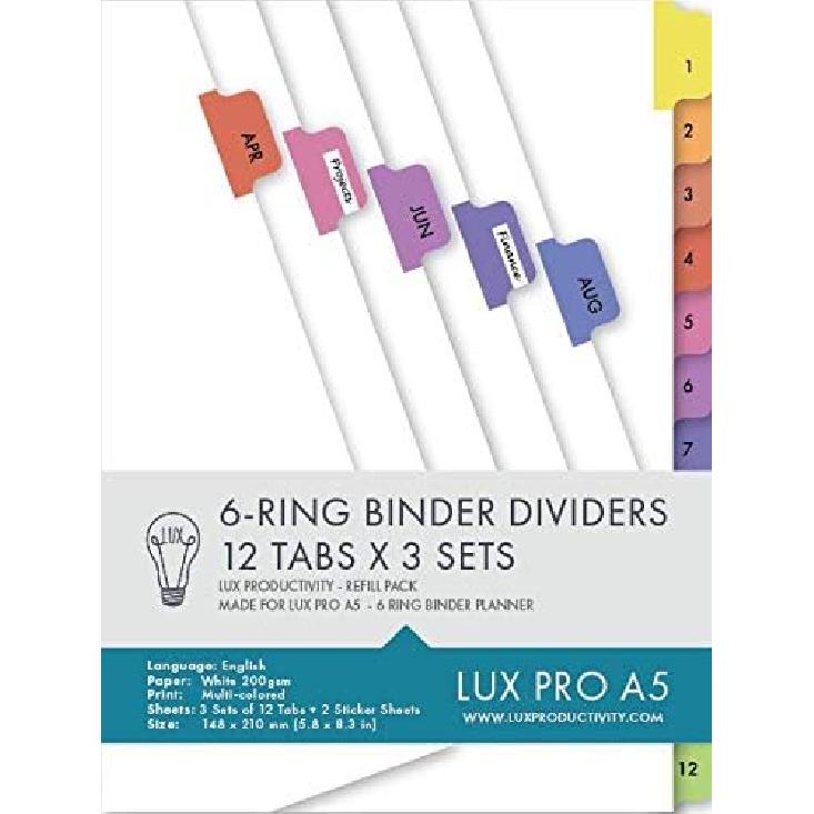 LUX PRO A5: Binder Dividers – LUX Productivity Refill Pack - Planner Page erts - Compatible with the LUX PRO A5 6-Ring Binder Organizer