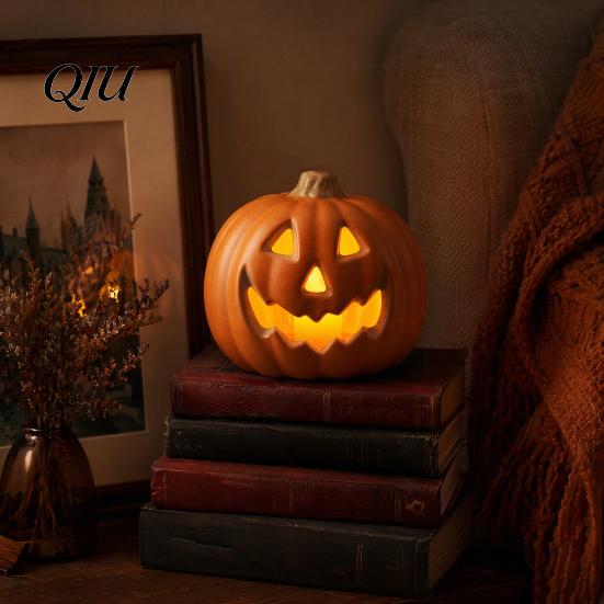 Pumpkin Shaped Lantern Halloween LED Lantern, Scary Face Glowing Plastic Lamp, Battery Operated Table Ornament for Home Party Decor Durable