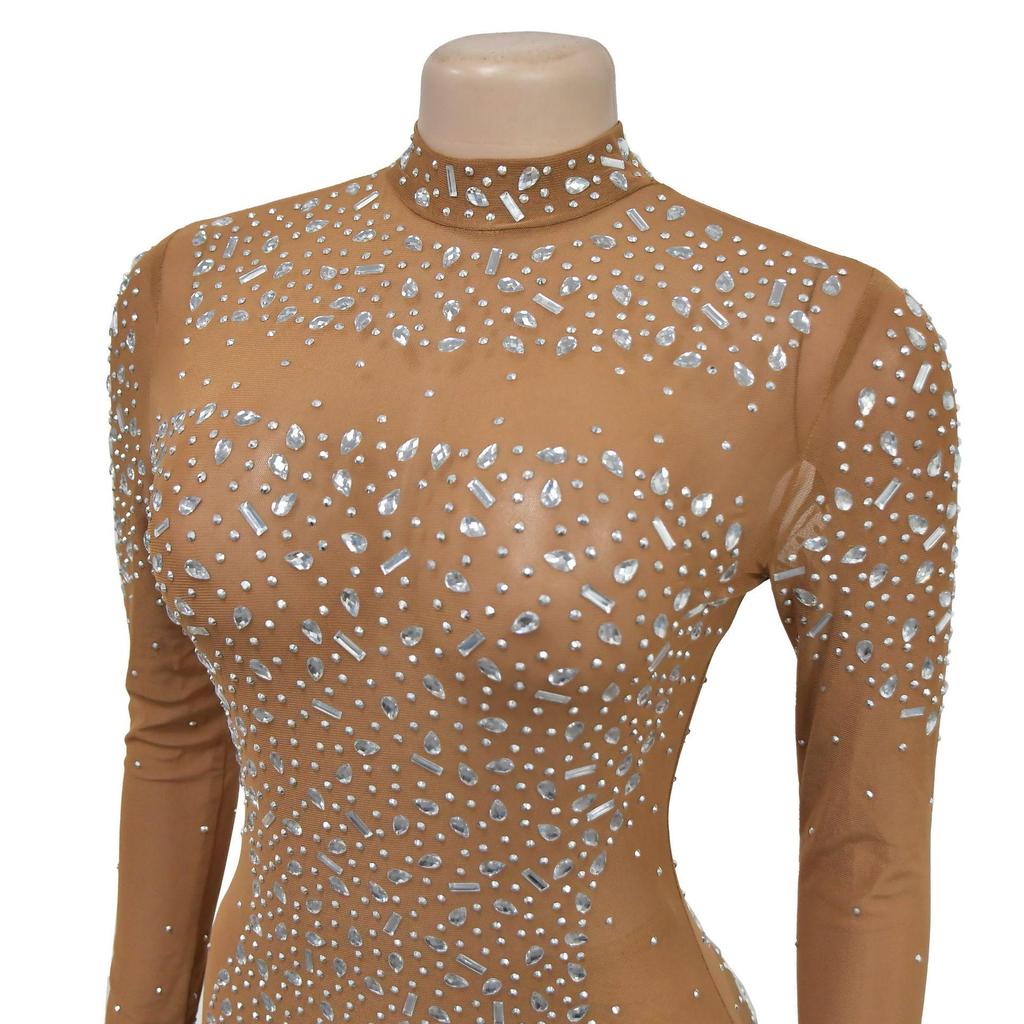 C6890 Европейское и американское женское однотонное платье макси с длинным рукавом из сетки и горячей приклейкой