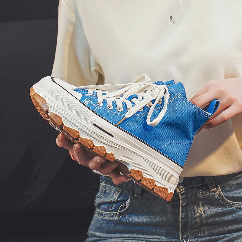 Модные высокие парусиновые туфли для женщин 2024 года, новые толстые подошвы, увеличивающие рост, в стиле ретро, простые повседневные вулканизированные туфли Zapatos De Mujer