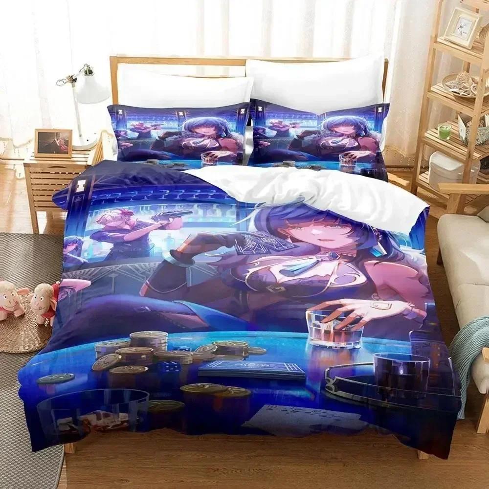 New Anime Game Yelan Genshin Impact Bedding Set Cartoon Anime Three-piece Set Adult Kid Bedroom Duvet Cover Sets 3D Kawaii Girls