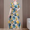 Vintage Print Long Dress for Women Plus Size Casual Short Sleeve Summer Dress with Belt Middle-aged Women's Clothing