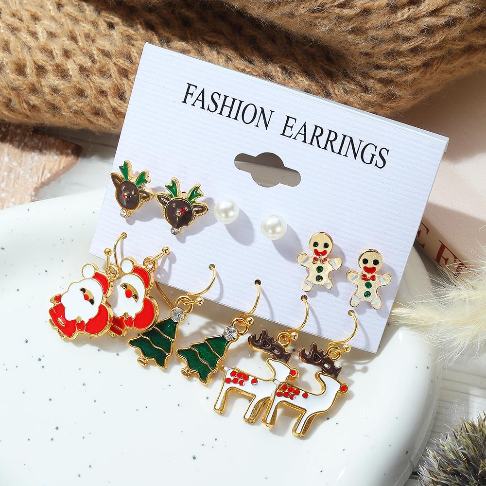 Серьги-гвоздики для девочек-студентов, модные рождественские серьги-гвоздики, 6 шт., серьги-гвоздики с рождественским лосем, подвески для девочек, элегантная рождественская елка, серьги-гвоздики Санта-Клауса