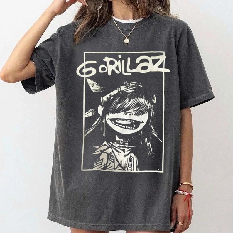 Gorillaz Винтажный Портрет Группы Графическая Футболка Оверсайз Черная Хип-Хоп Рок Уличная Одежда Унисекс Футболки