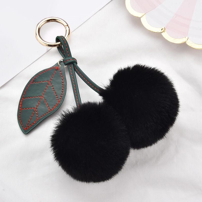 Fashion New Cute Fluffy Artificial Rabbit Fur Ball Pompom Leaf Keychain Cherry Key Chain Handbag Pendant Car Key Chain Ring