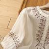 Women Shirt Retro Style Embroidery Flower Pattern Pullover Tops Round Neck 3/4 Sleeve Summer Casual Blouse
