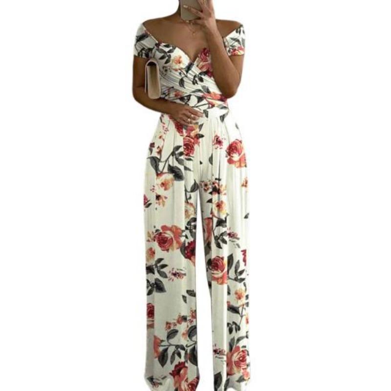 Summer Fashion Printed Wide Leg Jumpsuit Women Sexy Slash Neck Off-shoulder High Waist Jumpsuit Womem Csaual Suit