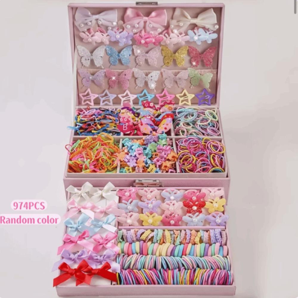 234/287/718/974pcs Elastic Rubber Butterfly Hairpins Flowers Style Kids Hair Ties Kit Gift Giving