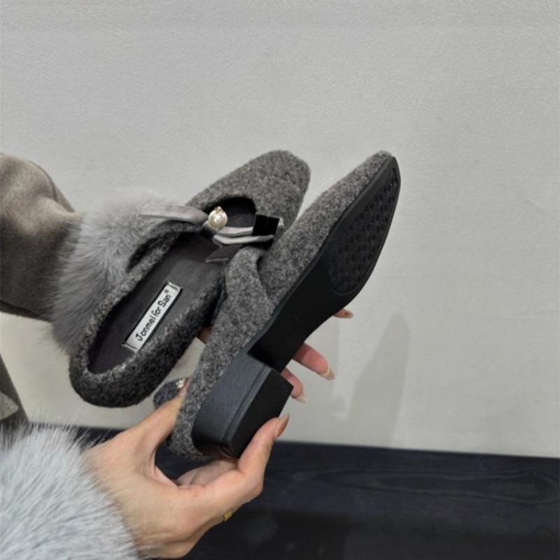 Модные зимние туфли-квадрат с хлопком, женские модные туфли-квадрат с мелким вырезом и бантом-бабочкой, на мягкой подошве, нескользящие, низкие