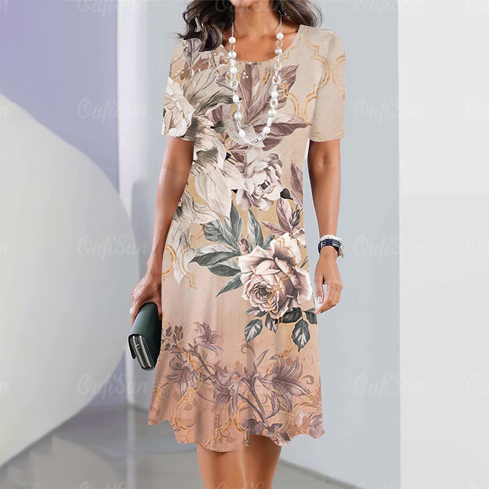 Летние женские платья с 3D-принтом в виде цветов с коротким рукавом, элегантная свободная юбка А-силуэта, модное женское платье большого размера