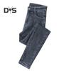 Women Winter Plush Jeans High Waist Thick Velvet Lined Slim Fit Pencil Pants Button Zipper Closure Pockets Straight Leg Trousers for Street to Party