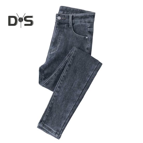 Women Winter Plush Jeans High Waist Thick Velvet Lined Slim Fit Pencil Pants Button Zipper Closure Pockets Straight Leg Trousers for Street to Party