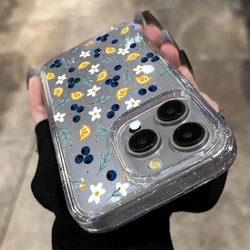 Прозрачный чехол для телефона с рисунком черники, лимона и цветов для iPhone 17 Pro Max Air 16 15 14 13 12 11 Pro Max 7 8 Plus XS XR X, чехол с блестками