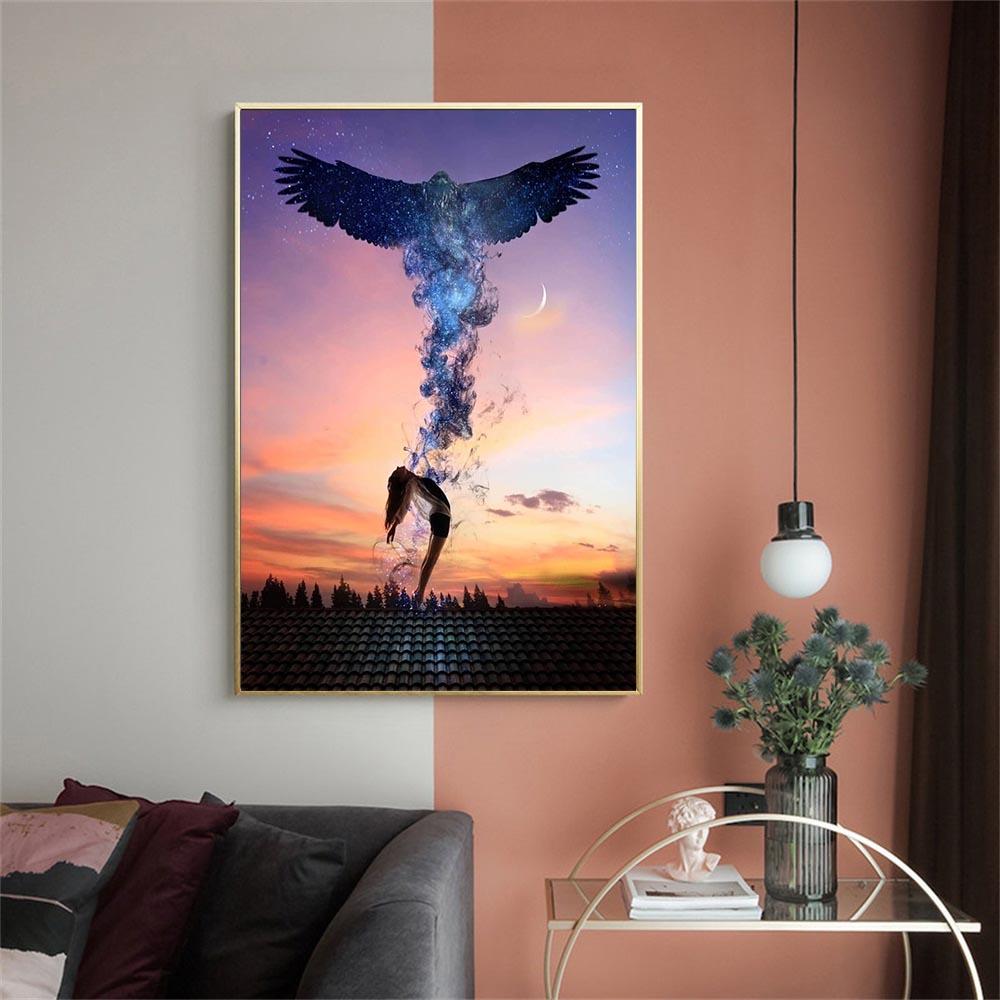 Абстрактная картина на холсте с изображением орла и девушки, современные постеры и принты, скандинавские настенные художественные картины для гостиной, украшения дома