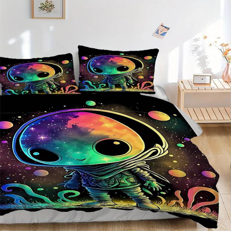 3pcs Colorful Galaxy Alien Comforter Set with Two Pillowcases (No Core), Bedroom Decor and Guest Room Accessories, Ideal Gift for Home Decoration
