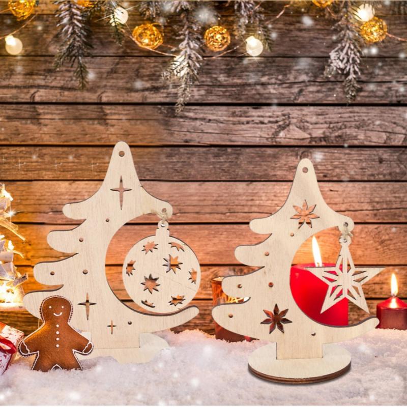 1pcWooden Christmas Tree Ornaments Hollow Christmas Tree Star Bell OrnamentsDIYPendant Desktop Display Party Gift