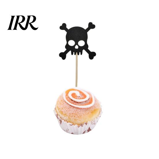 Glitter Black Cake Topper 8 Pcs Halloween Cupcake Picks, Spooky Skull Party Accessory Toppers, Gothic Birthday Decoration for Supplies