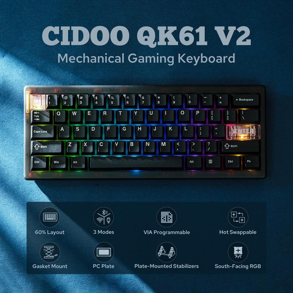 MechLands CIDOO QK61 V2 VIA Программируемая компактная клавиатура Беспроводная игровая клавиатура с возможностью горячей замены Пользовательская прокладка клавиатуры Механическая клавиатура с ПК