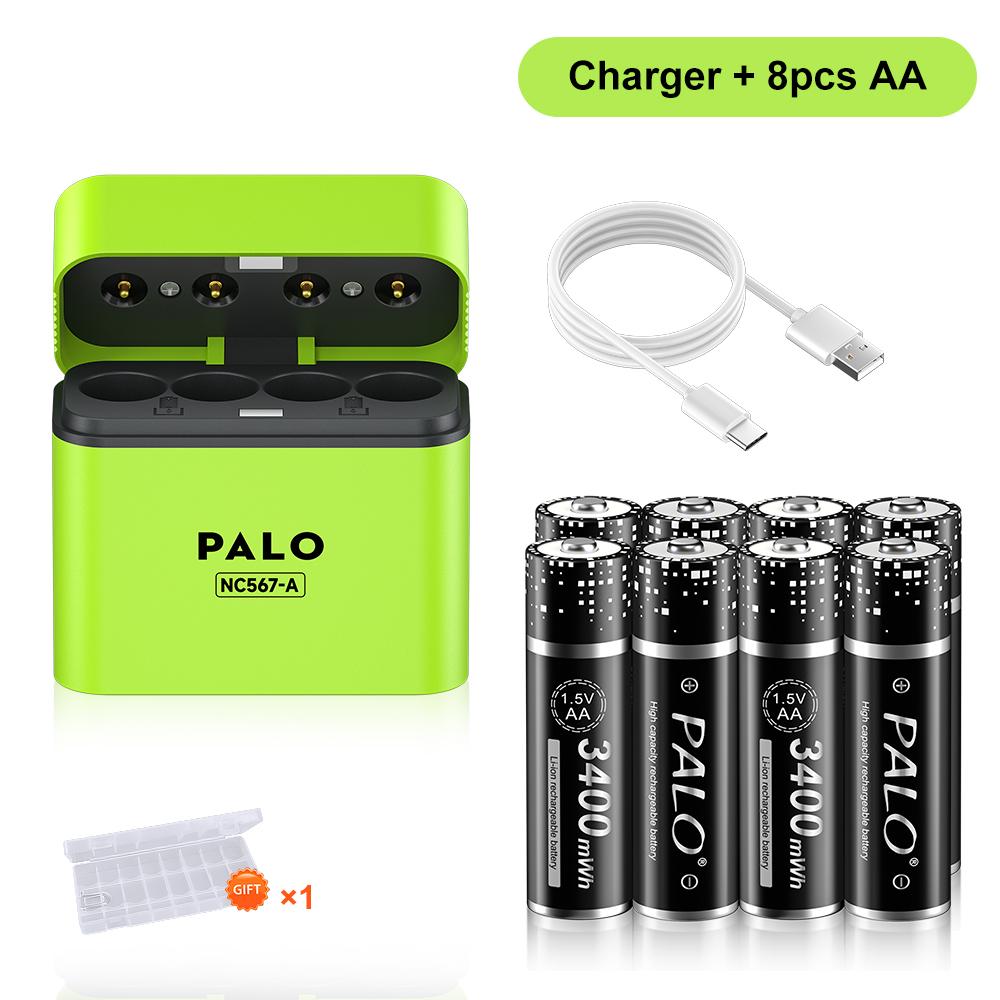 PALO Аккумуляторные литиевые батарейки AA 1,5 В 3400 мВт·ч 1,5 В литий-ионные батарейки AA Интеллектуальный зарядный бокс с дата-кабелем TYPE-C