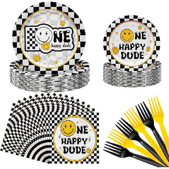 Umigy 96 Pcs One Happy Dude Birthday Party Decorations One Happy Dude Tableware Smile Face Party Supplies for 24 Guests Smile Plates Cups Napkins