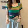 WTEMPO Y2K Knitted Tops Women Rainbow Stripes Tunic Tees Shirts Female Korean Summer Loose Casual T-Shirts