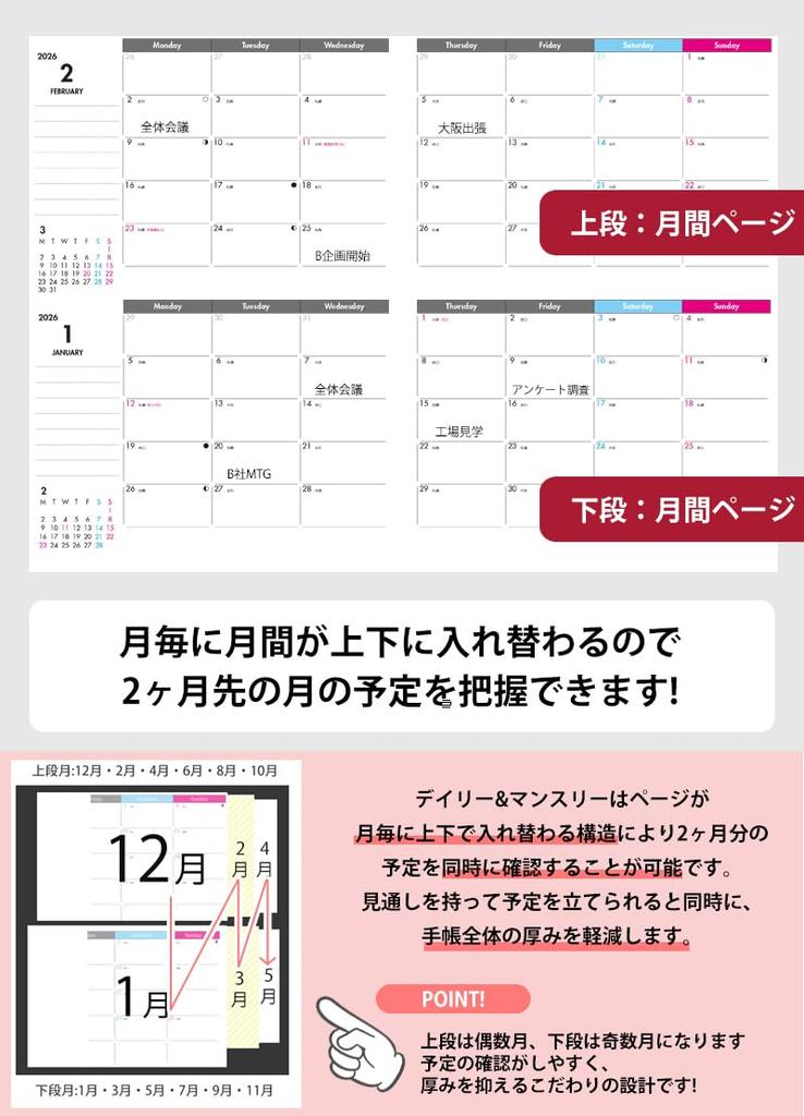 Отдельный дневник, планер, начало в январе, 2026, B6, ежедневный и ежемесячный, [только блок], еженедельник с вертикальной сеткой, Ito Techo, D-B6-RFL