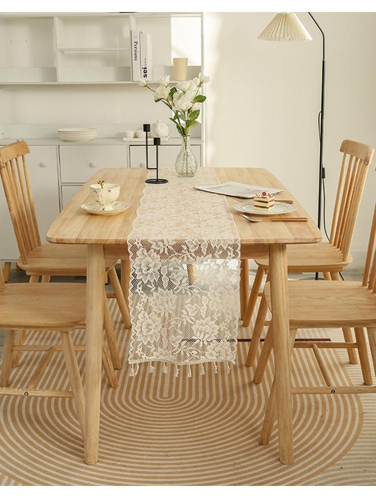 Vintage American Style Crochet Hollow Linen Lace Table Runner with Tassels | Woven Polyester Square Floral Pattern | for Dining Room, Cabinet