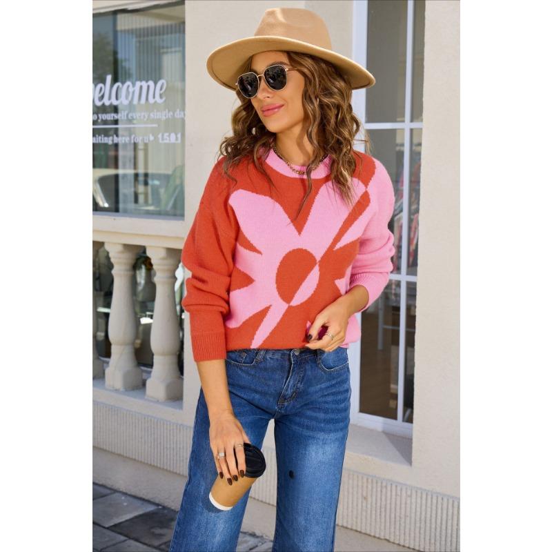 New Large-sized Women's Long-sleeved Floral Patchwork Fashionable and Versatile Knitted Pullover Sweater for Autumn and Winter