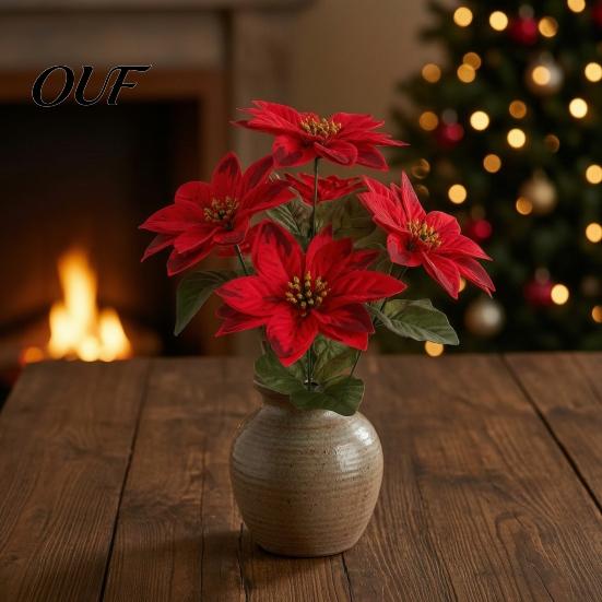 Realistic Faux Dieffenbachia 5/7/10/12 Heads Artificial Poinsettia Flowers, Christmas Fake Floral Berry Centerpiece, Long Lasting Green Leaves