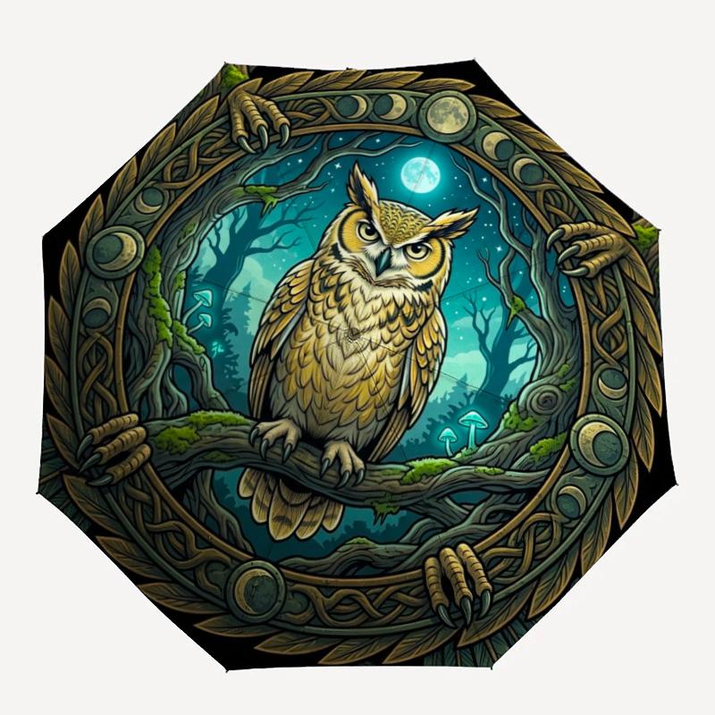 Moonlit Forest Guardian pattern umbrella, portable and foldable design, 8 ribs, a casual accessory for Halloween, Christmas, and birthday gifts.