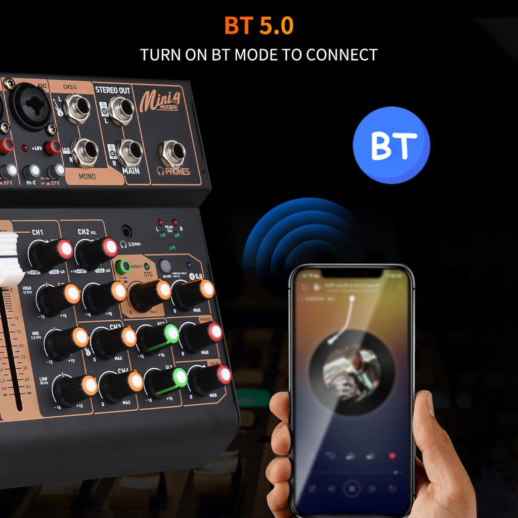 Audio Mixer Portable 4-Channel DJ Mixer Console Mini Sound Mixing Board with USB BT 48V Phantom