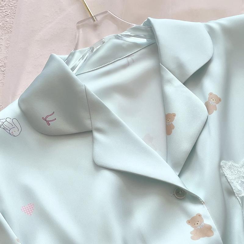 Милая женская пижама из 2 предметов с рисунком маленького медведя Kawaii, милая, простая, Y2k, кружевная пижама, новый осенний комплект с коротким рукавом и брюками