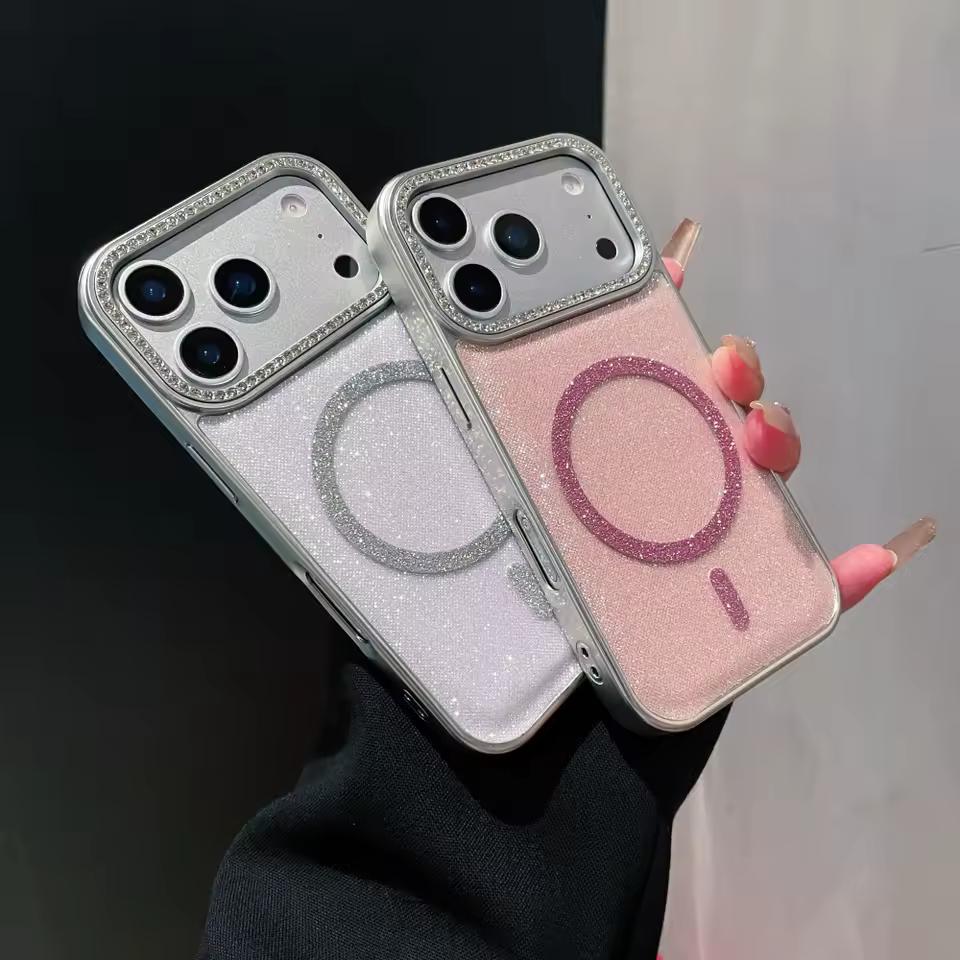Роскошный блестящий чехол с магнитным глиттером и бриллиантами для iPhone 17 Air 16 15 14 13 12 11 Pro Max Plus для Magsafe, бампер с гальваническим покрытием