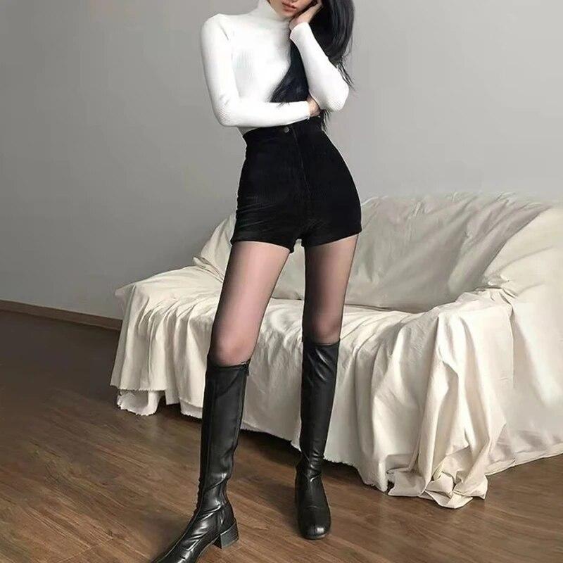 Women's Black Goth Pants Shorts High Waist Spring Autumn Fashion Tight Sexy Stretch Y2K Corduroy Female Casual Pants