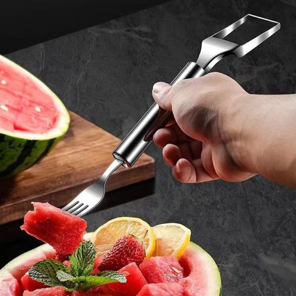 2 in 1 Watermelon Cutter Silver Stainless Steel Watermelon Fork Slicer Multi-purpose Double Head Use Fruit Slicer Kitchen