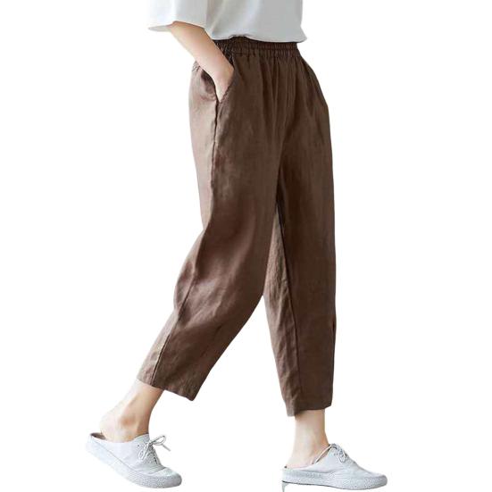 Women Harem Pants Solid Color Loose Fit Slacks with Pockets Elastic High Waist Retro Casual Trousers Streetwear