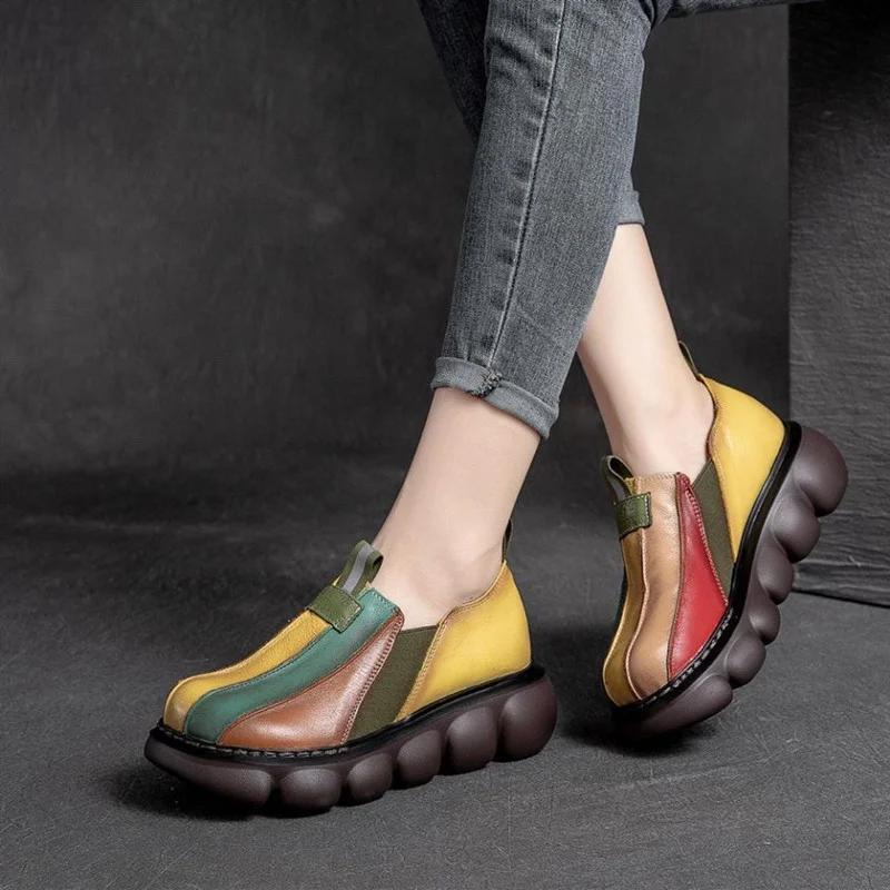 Fashion Autumn 2024 New Fashion Ethnic Style Retro Handmade Rainbow Color Female Leather Thick Sole Cake and Casual Shoes
