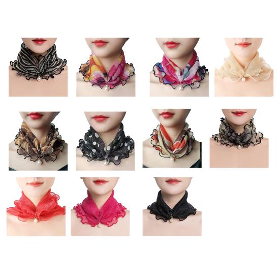 Faux Silk Scarf Lightweight Mesh Soft Shiny Touch Edge-covered Design Scarf with Faux Pearl Decor Neck Decoration